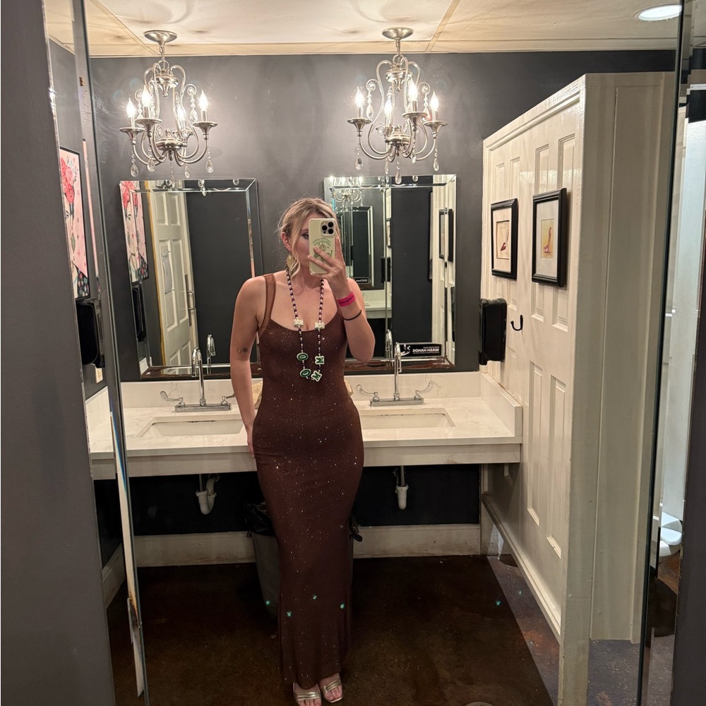 Meshki Jasymn Hot Fix Maxi Dress with Mesh Back- Chocolate